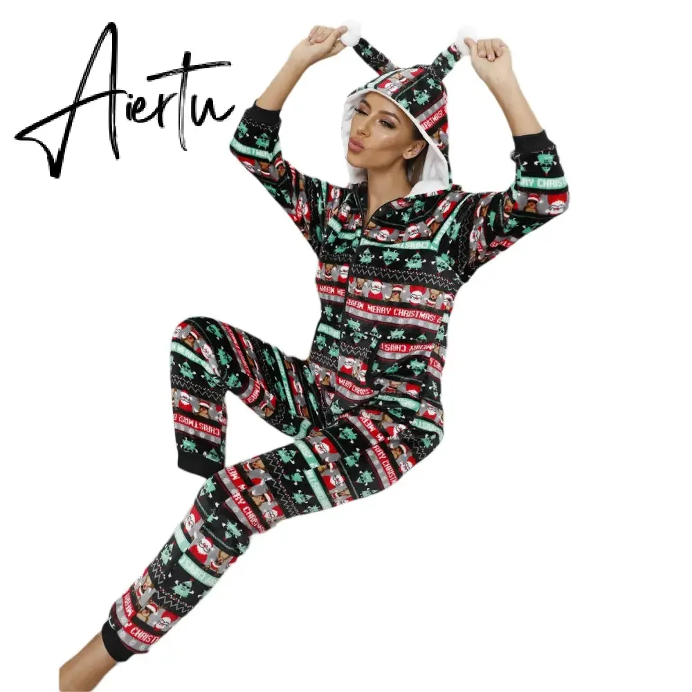 Women Winter Casual Nightwear Christmas Printed Long Sleeve Hooded Jumpsuit Loose Pajama Home Sleep Wear S/ M/ L/ XL/ XXL