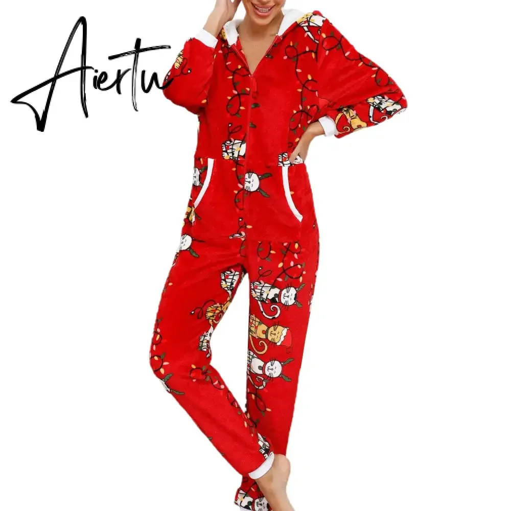 Women Winter Casual Nightwear Christmas Printed Long Sleeve Hooded Jumpsuit Loose Pajama Home Sleep Wear S/ M/ L/ XL/ XXL