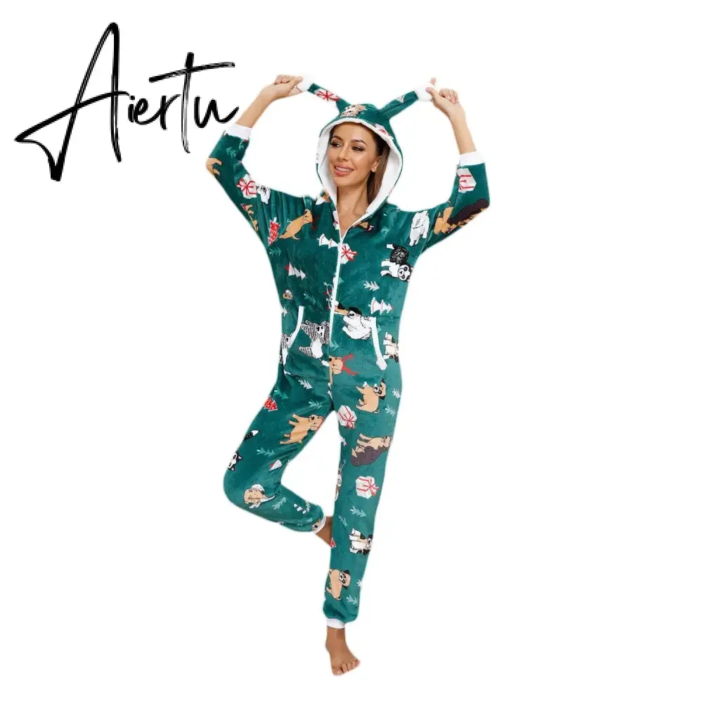 Women Winter Casual Nightwear Christmas Printed Long Sleeve Hooded Jumpsuit Loose Pajama Home Sleep Wear S/ M/ L/ XL/ XXL