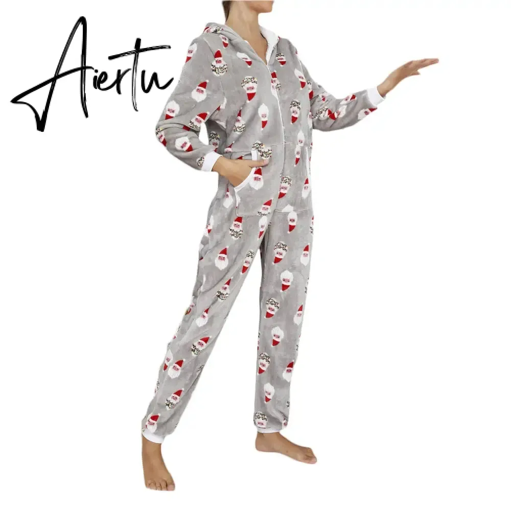 Women Winter Casual Nightwear Christmas Printed Long Sleeve Hooded Jumpsuit Loose Pajama Home Sleep Wear S/ M/ L/ XL/ XXL