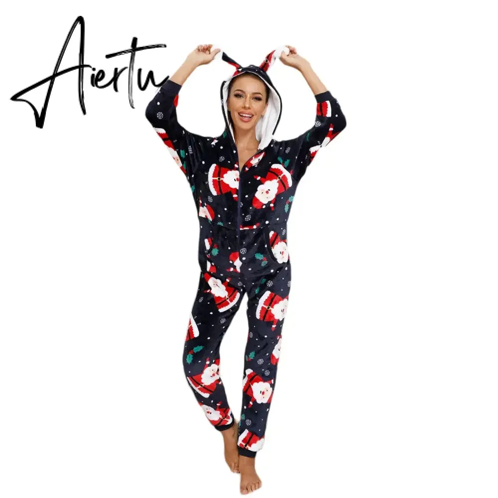 Women Winter Casual Nightwear Christmas Printed Long Sleeve Hooded Jumpsuit Loose Pajama Home Sleep Wear S/ M/ L/ XL/ XXL