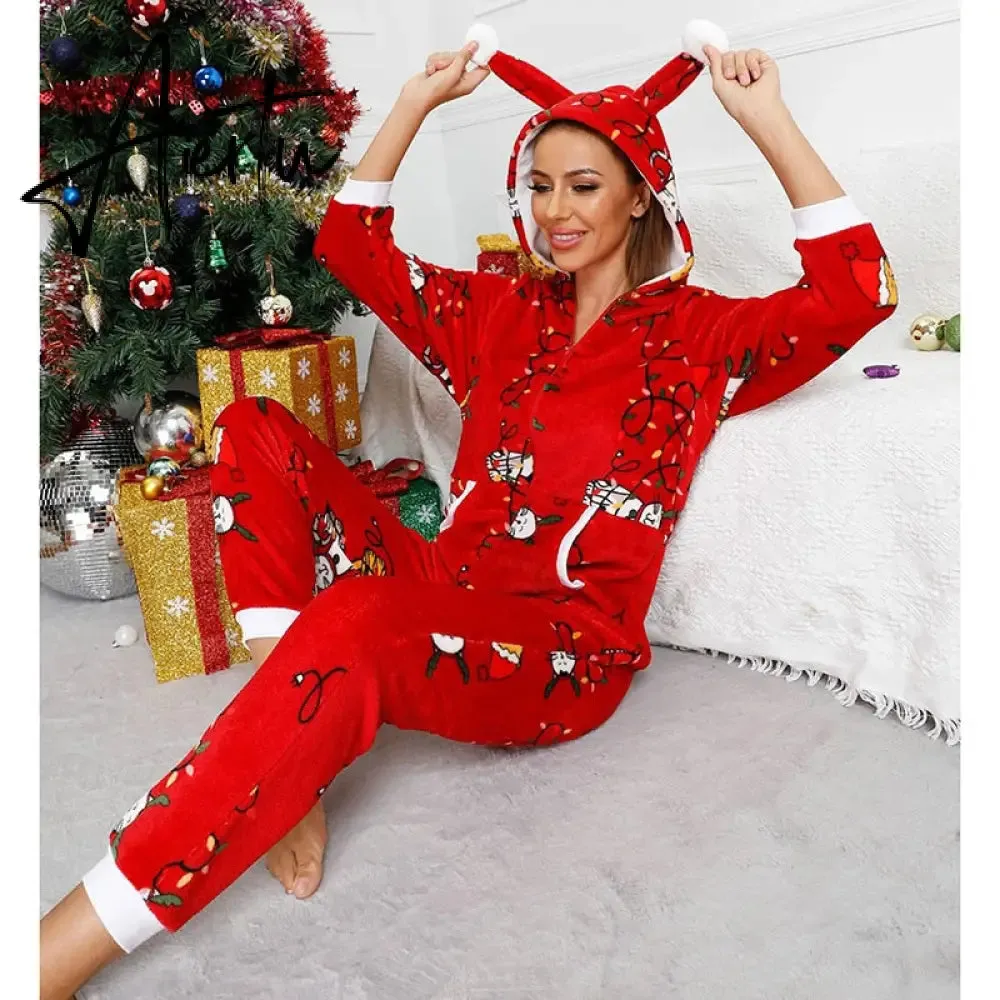 Women Winter Casual Nightwear Christmas Printed Long Sleeve Hooded Jumpsuit Loose Pajama Home Sleep Wear S/ M/ L/ XL/ XXL