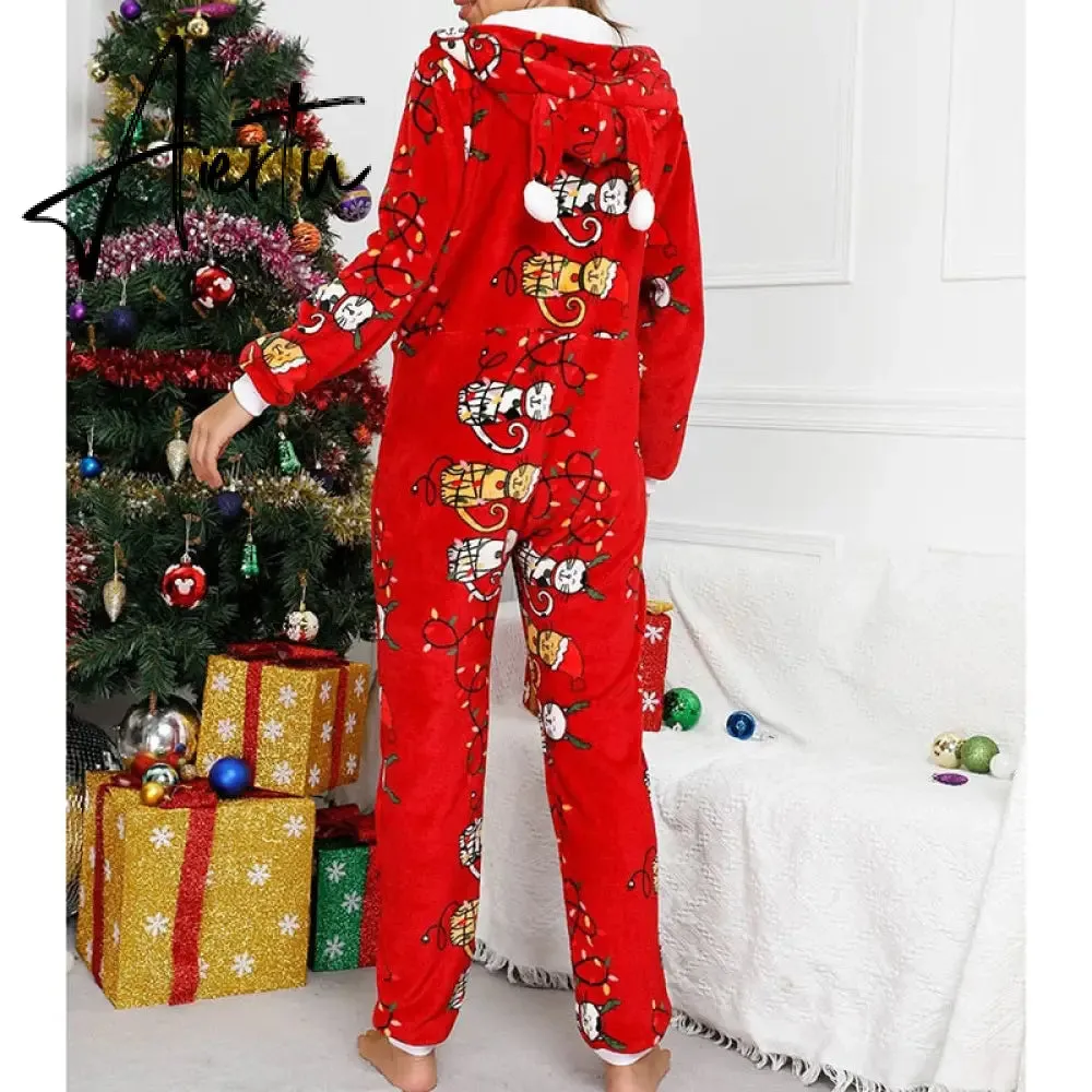 Women Winter Casual Nightwear Christmas Printed Long Sleeve Hooded Jumpsuit Loose Pajama Home Sleep Wear S/ M/ L/ XL/ XXL