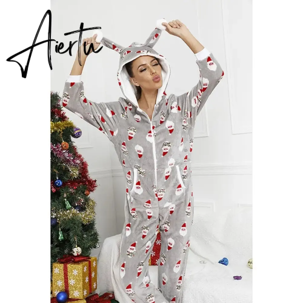 Women Winter Casual Nightwear Christmas Printed Long Sleeve Hooded Jumpsuit Loose Pajama Home Sleep Wear S/ M/ L/ XL/ XXL