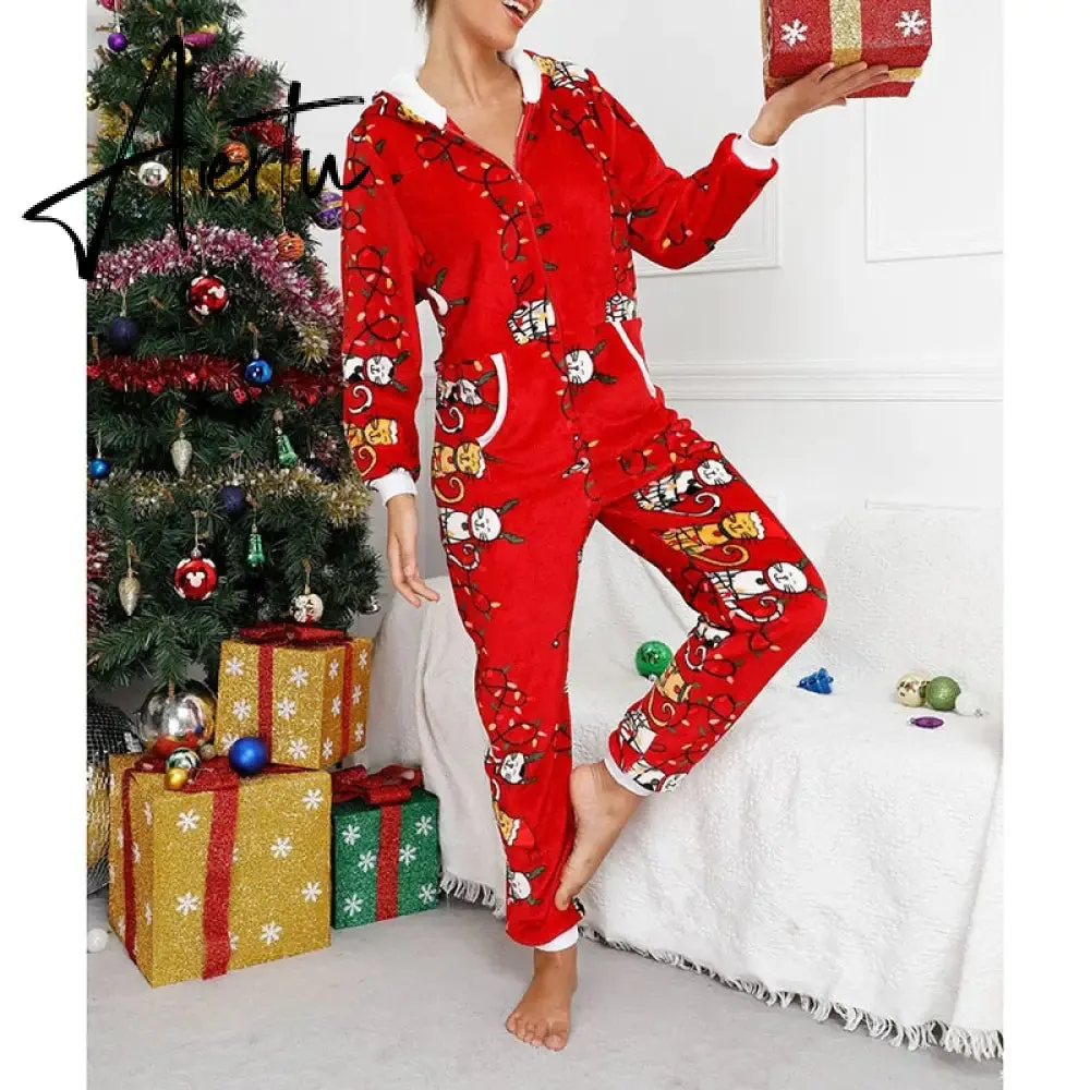 Women Winter Casual Nightwear Christmas Printed Long Sleeve Hooded Jumpsuit Loose Pajama Home Sleep Wear S/ M/ L/ XL/ XXL