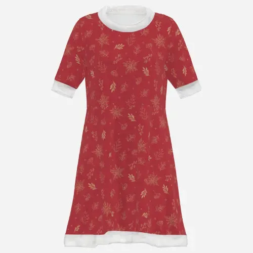 Women's Maroon Red Velvet Winter Mini Dress | Holiday Snowflake Print Party Dress | Fleece-Trimmed Festive Dress