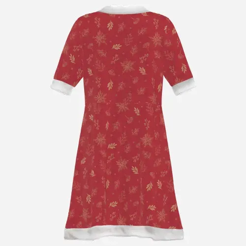 Women's Maroon Red Velvet Winter Mini Dress | Holiday Snowflake Print Party Dress | Fleece-Trimmed Festive Dress