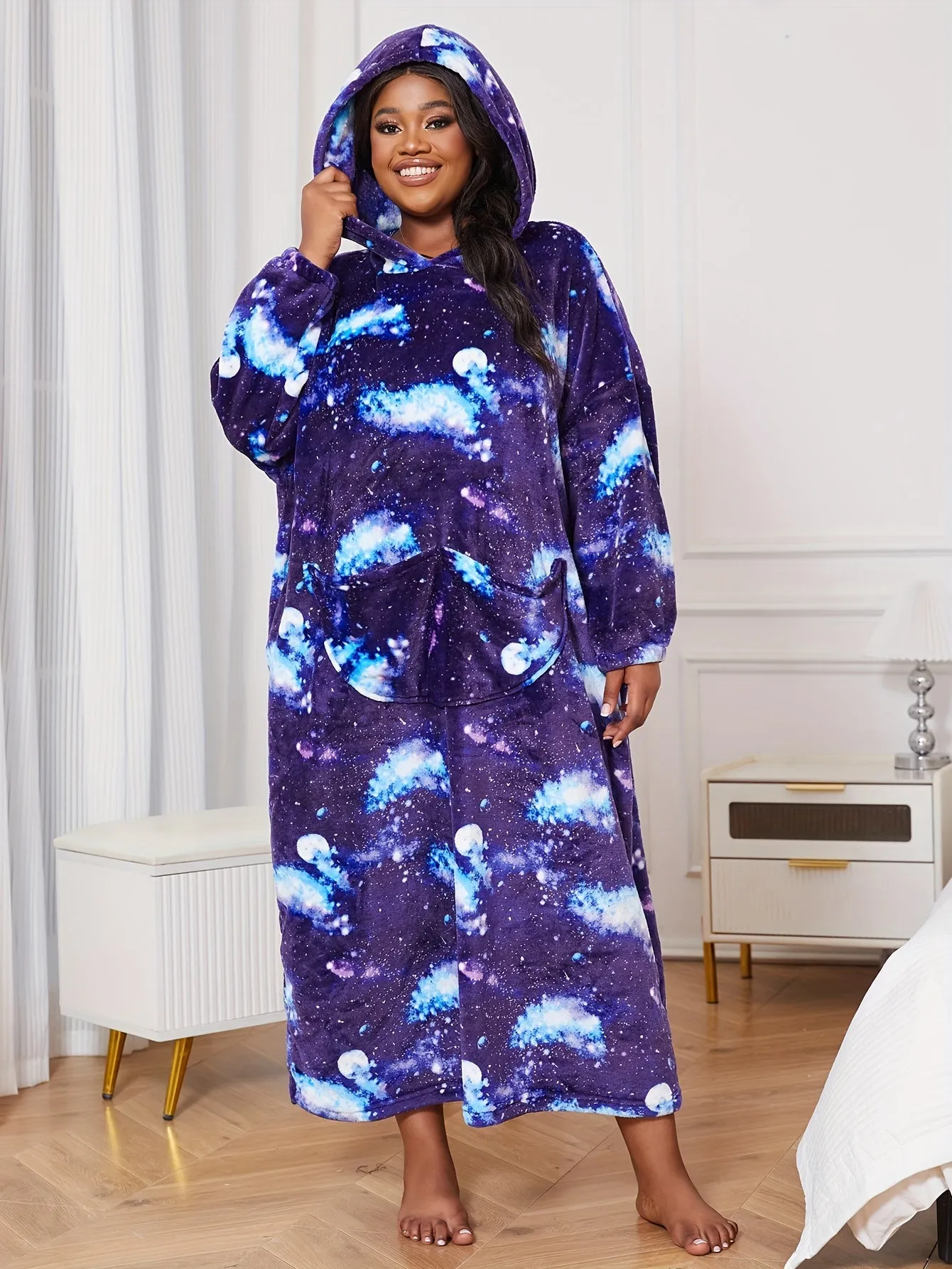 Women's Plus Casual Nightgown, Plus Size Starry Sky Print Warm Flannel Hooded Wearable Blanket For Fall & Winter