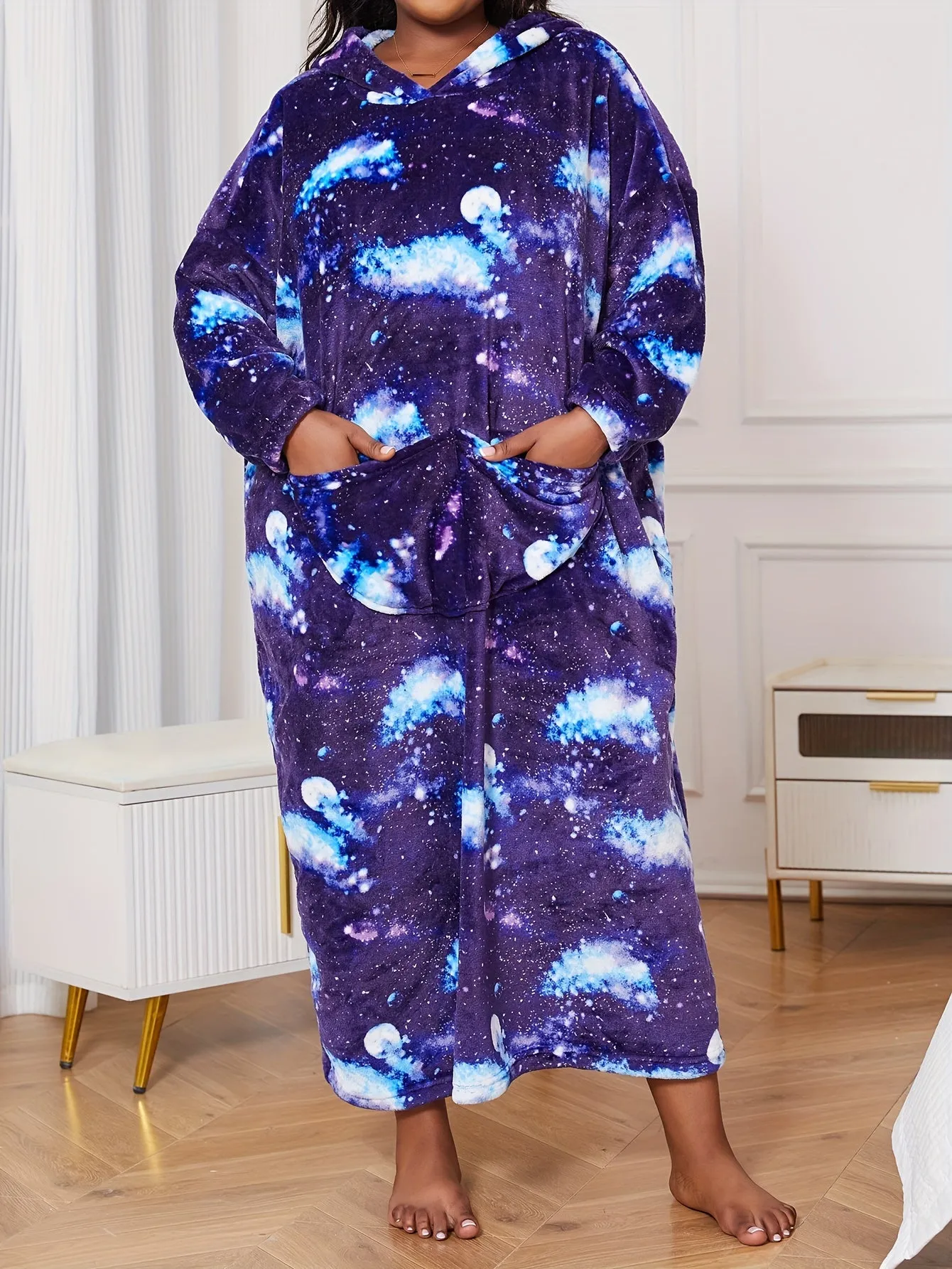 Women's Plus Casual Nightgown, Plus Size Starry Sky Print Warm Flannel Hooded Wearable Blanket For Fall & Winter