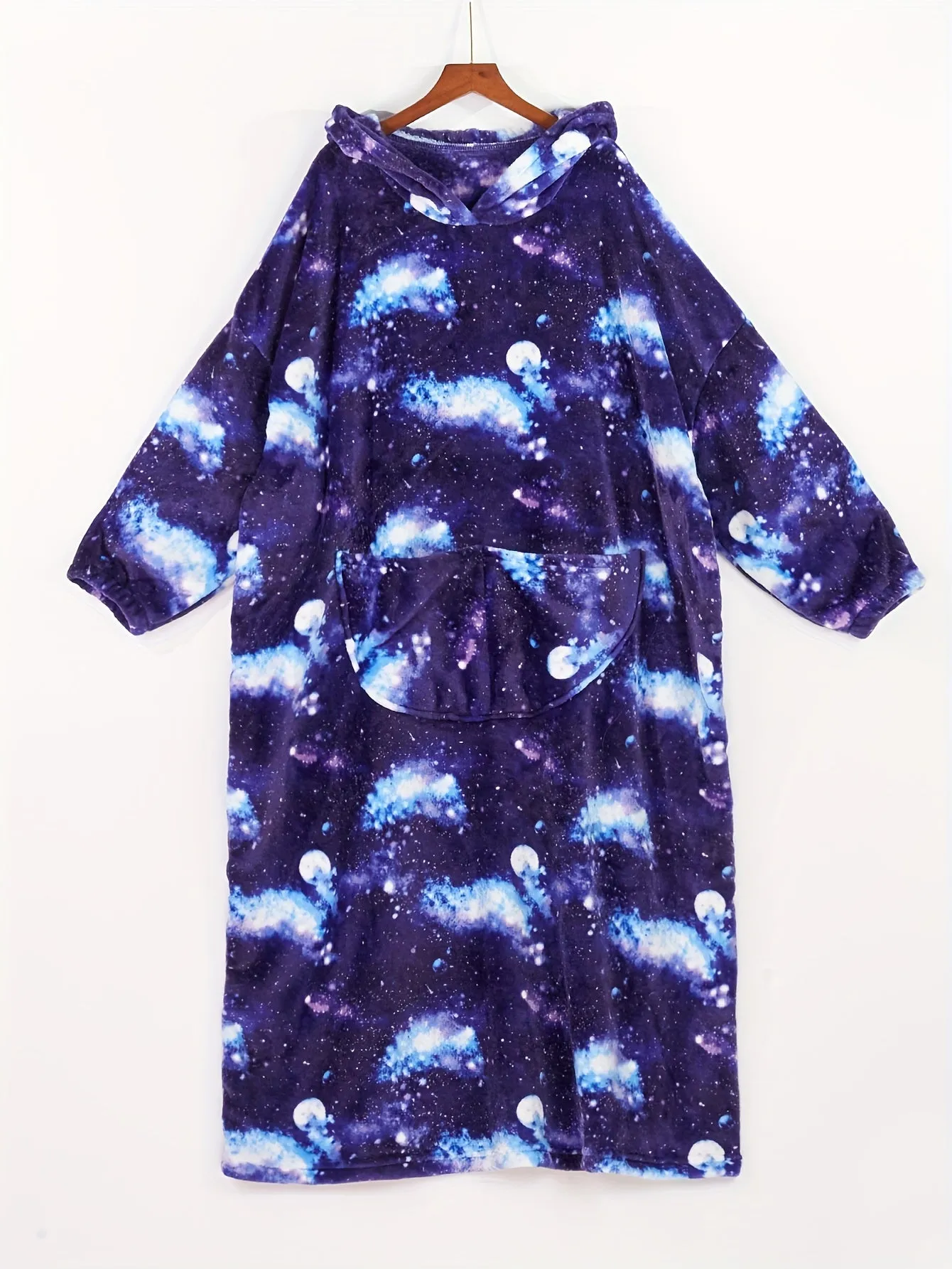 Women's Plus Casual Nightgown, Plus Size Starry Sky Print Warm Flannel Hooded Wearable Blanket For Fall & Winter