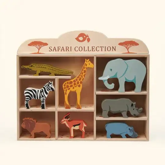 Wooden 8 Safari Animals and Shelf