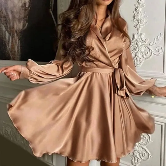 Yeknu  Women Sexy V-Neck Slip Dress Satin Elegant Lantern Sleeve A-Line Club Party Dress Women's Clothing Streetwear Vestidos