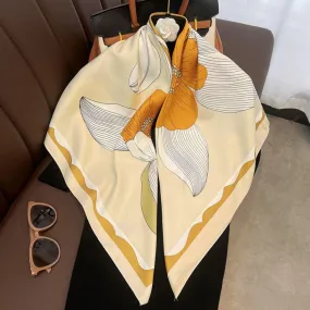 Yellow Flora Chic Large Satin Scarf | 90x90cm Bandana | Twill Satin Shawl | Perfect Gift for Her, Mother's Day