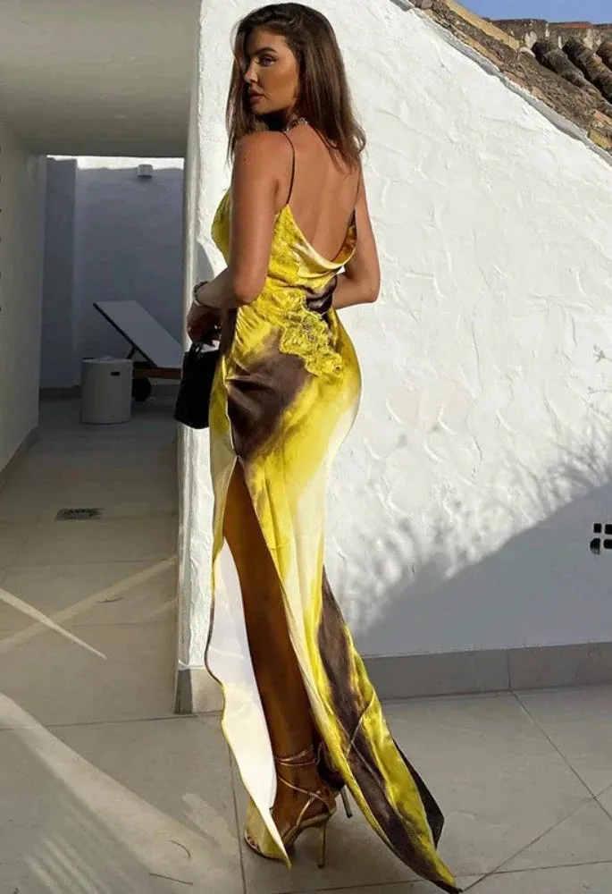 Yellow Print Satin Slip Dress Sexy Deep V Neck Backless Split Long Dresses for Women 2024 Summer Resort Wear C70-EZ18