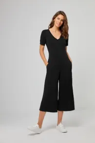 Zwarte jumpsuit met V-hals | Surkana V-neckline short sleeve jumpsuit black